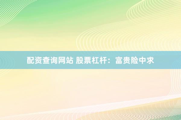 配资查询网站 股票杠杆：富贵险中求